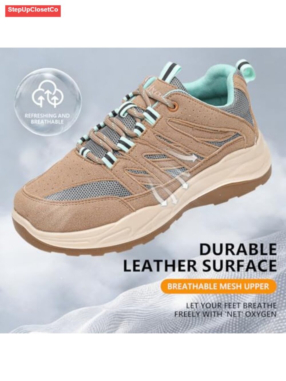 Suede Hiking Sneakers with Mesh Panels Lace-Up Athletic Shoes - Picture 4 of 6